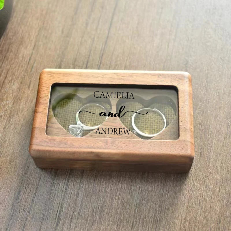 Custom Wooden Wedding Ring Box Personalized Double Slot Holder Wedding Engagement Ring Bearer Box Ring Pillow Burlap Rustic Gift