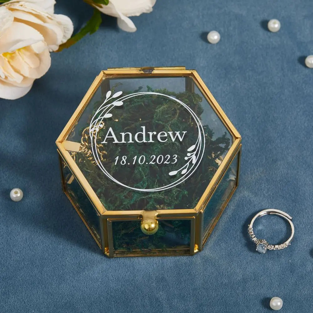 Hexagon Glass Ring Box with Moss Gold or Rose Gold Personalized Ring Box for Wedding Ceremony Modern Ring Holder for Engagements