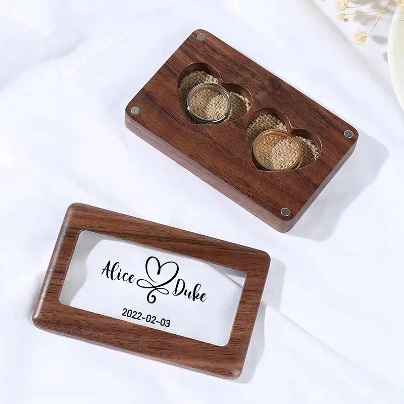 Custom Wooden Wedding Ring Box Personalized Double Slot Holder Wedding Engagement Ring Bearer Box Ring Pillow Burlap Rustic Gift