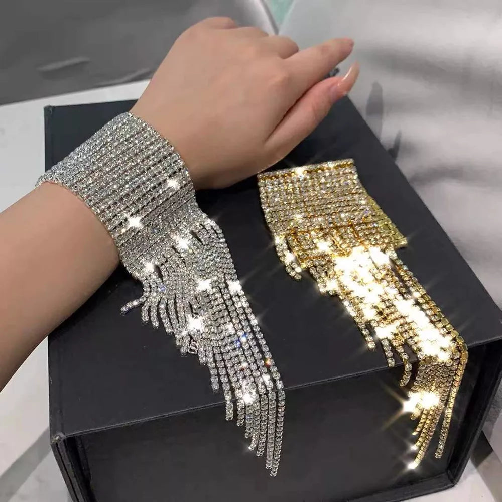 Super Shiny Rhinestone Long Fringed Tassel Bracelet Hand Jewelry for Women Luxury Crystal Chain Bridal Wedding Bracelets Gift