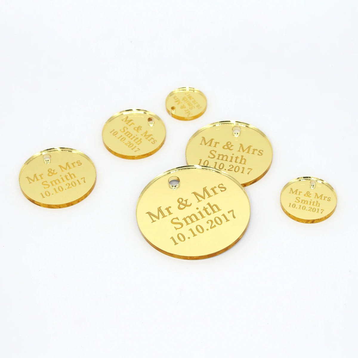 50*Personalized Engraved Gold/Silver Round Label With Hole Custom Name Country Wedding Baby Shower Baptism Party Candy Box Label