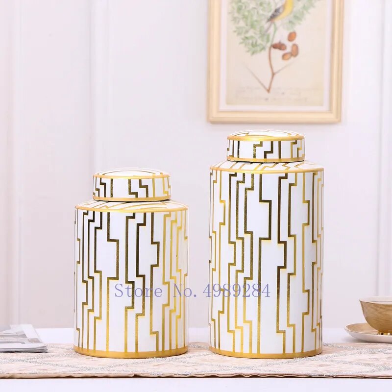 Creativity Ceramic Vase Golden with Cover Storage Jar Modern Home Desktop Flower Arrangement Storage Organization Decoration