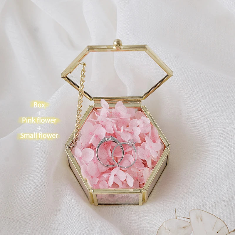 Custom Hexagonal Glass Ring Box Geometrical Clear Jewelry Storage Box Eternal Flower ring holder DIY Delicate Wedding Decoration