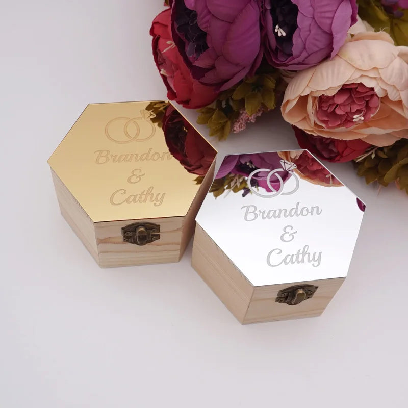 Double Rings Style Hexagon Shape Box Acrylic Mirror Cover Custom Name Party Gift Wood Boxes Candy Holder Display Decor