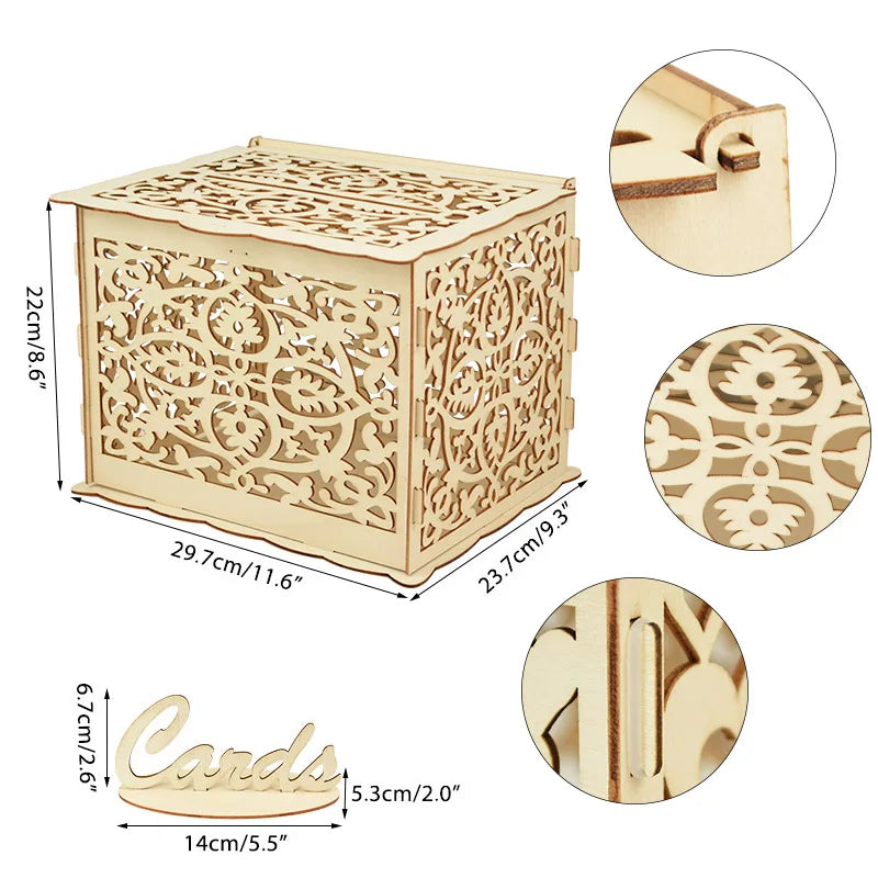 Wedding Wooden Gifts Card Boxes with Lock Hollow Mr & Mrs Flower Pattern Envelope Sign Card Wood Box DIY Rustic Wedding Supplies