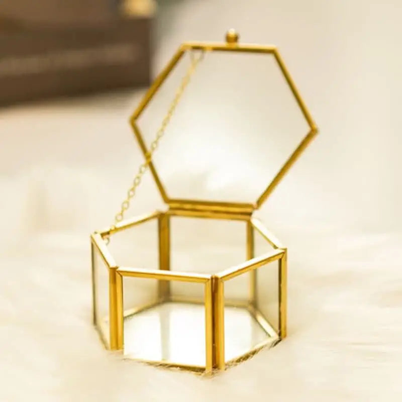 Custom Hexagonal Glass Ring Box Geometrical Clear Jewelry Storage Box Eternal Flower ring holder DIY Delicate Wedding Decoration