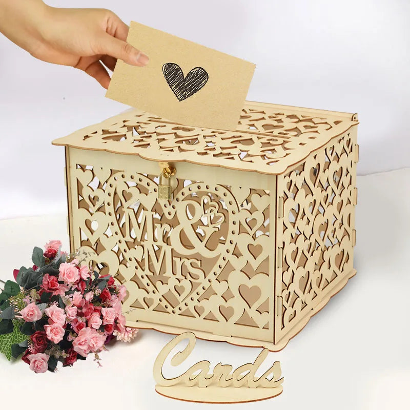 Wedding Wooden Gifts Card Boxes with Lock Hollow Mr & Mrs Flower Pattern Envelope Sign Card Wood Box DIY Rustic Wedding Supplies