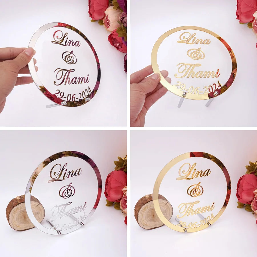 Custom Wedding Name and Date Personalized Round Mirror Frame Acrylic Babyshower Word Sign Party Decor With Nail Guest Gifts