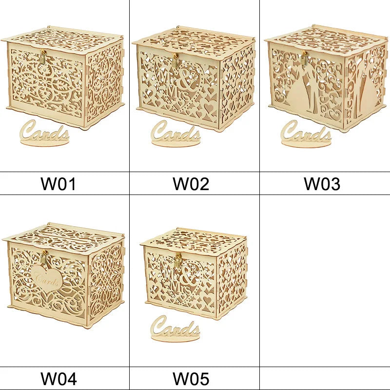 Wedding Wooden Gifts Card Boxes with Lock Hollow Mr & Mrs Flower Pattern Envelope Sign Card Wood Box DIY Rustic Wedding Supplies