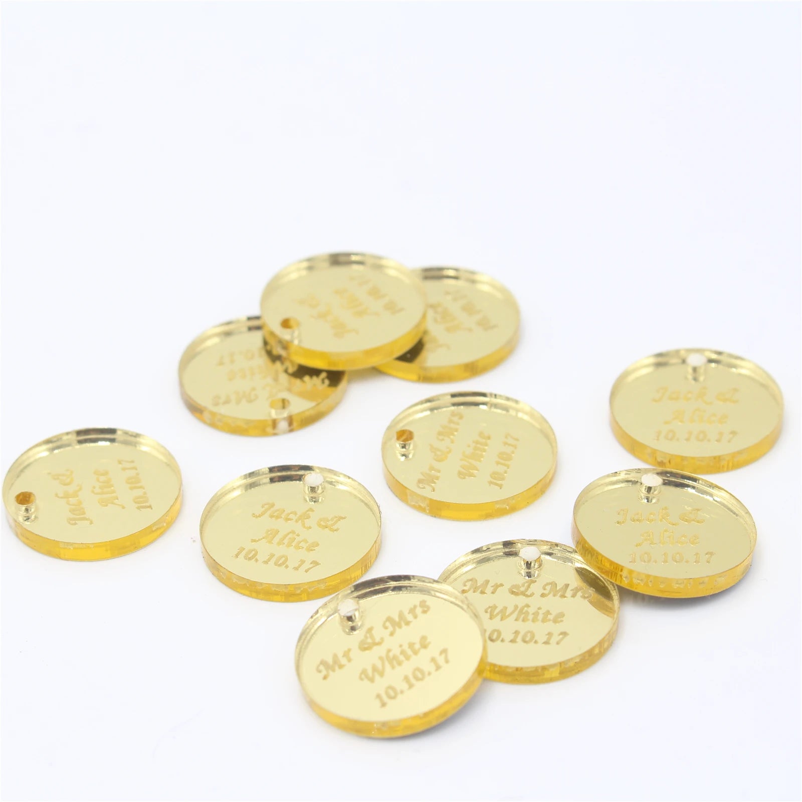 50*Personalized Engraved Gold/Silver Round Label With Hole Custom Name Country Wedding Baby Shower Baptism Party Candy Box Label