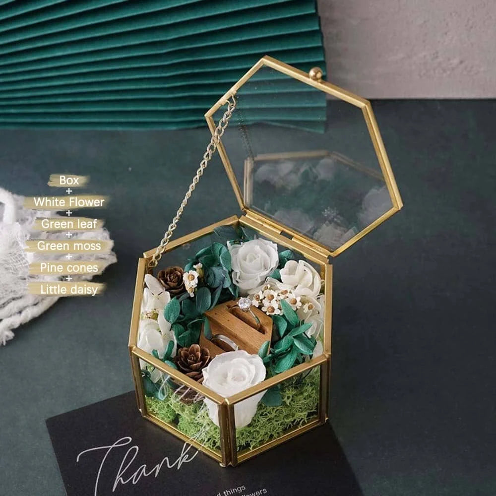 Custom Hexagonal Glass Ring Box Geometrical Clear Jewelry Storage Box Eternal Flower ring holder DIY Delicate Wedding Decoration