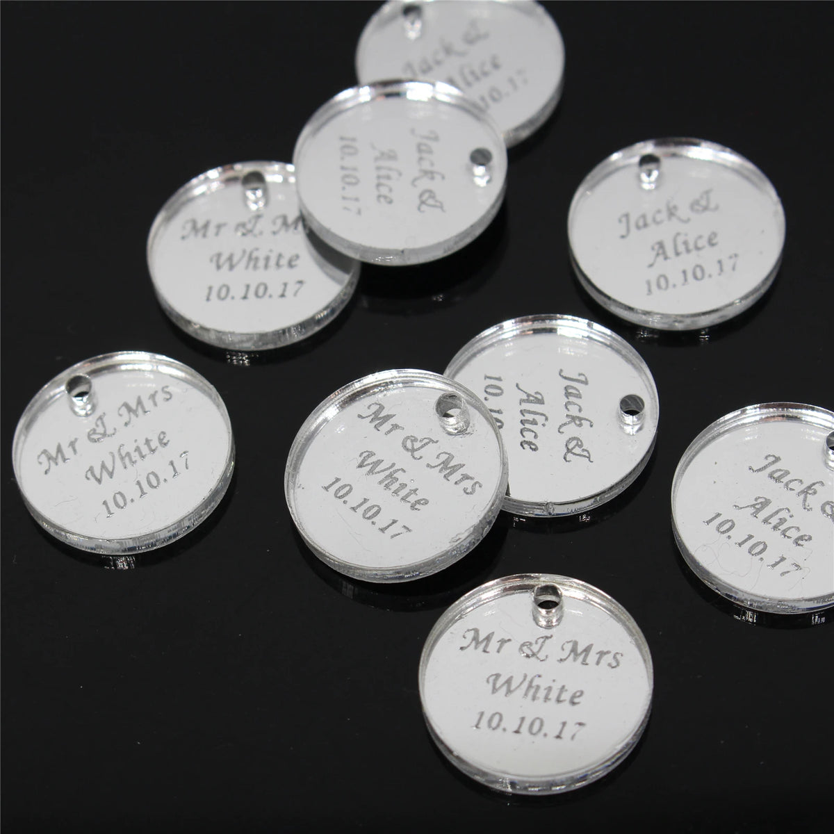 50*Personalized Engraved Gold/Silver Round Label With Hole Custom Name Country Wedding Baby Shower Baptism Party Candy Box Label