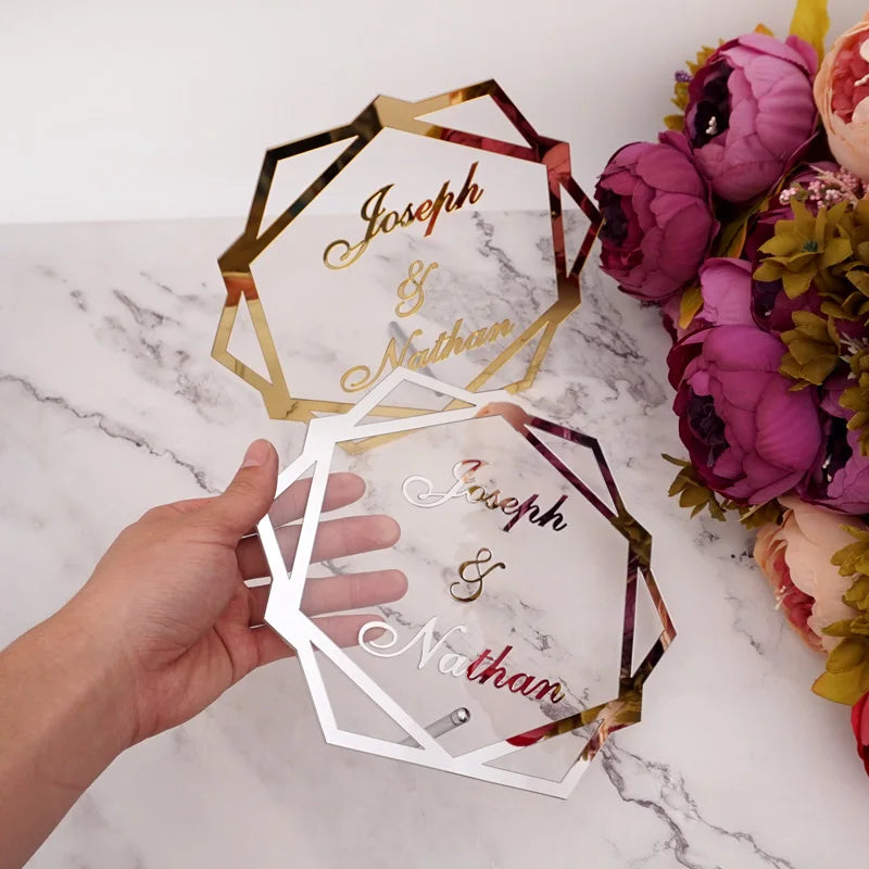 Hexagon Acrylic Table Standing Custom Wedding Name Personalized Mirror Frame Acrylic Word Sign Party Decor With Standing Nail