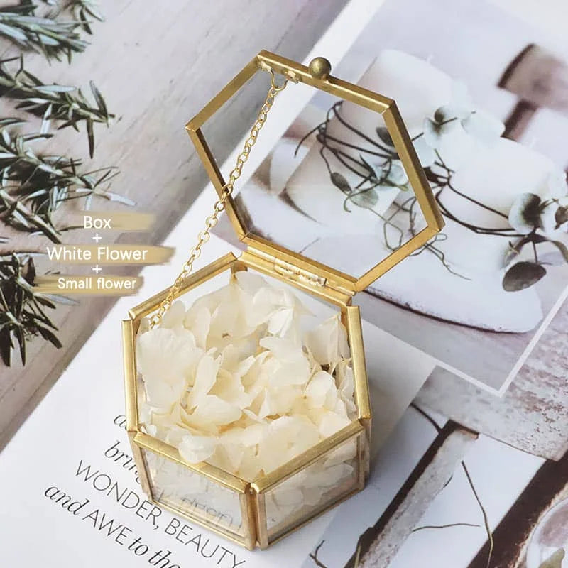 Custom Hexagonal Glass Ring Box Geometrical Clear Jewelry Storage Box Eternal Flower ring holder DIY Delicate Wedding Decoration