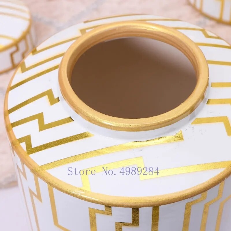 Creativity Ceramic Vase Golden with Cover Storage Jar Modern Home Desktop Flower Arrangement Storage Organization Decoration