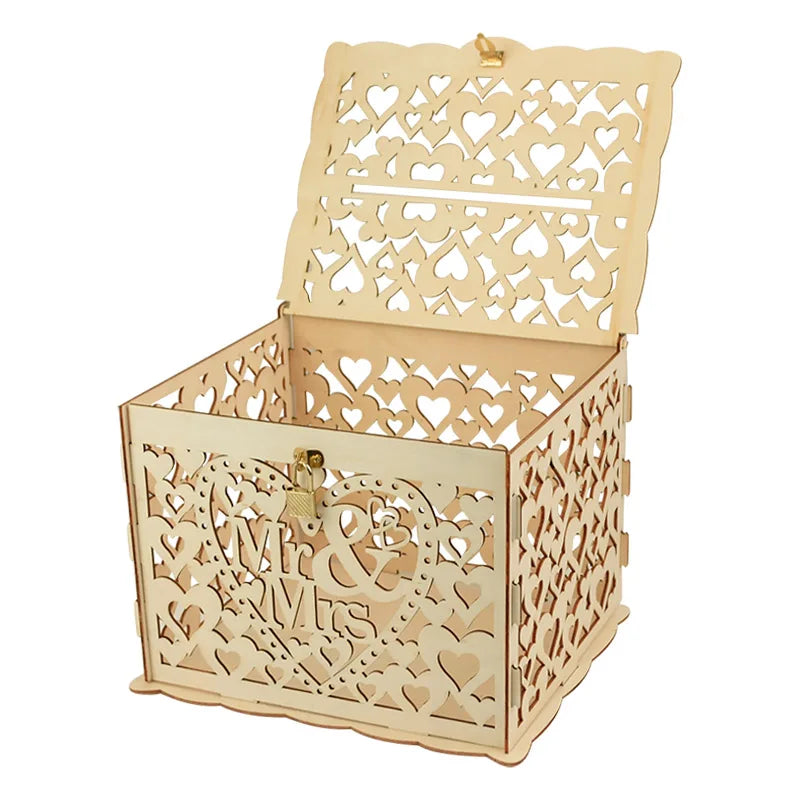 Wedding Wooden Gifts Card Boxes with Lock Hollow Mr & Mrs Flower Pattern Envelope Sign Card Wood Box DIY Rustic Wedding Supplies