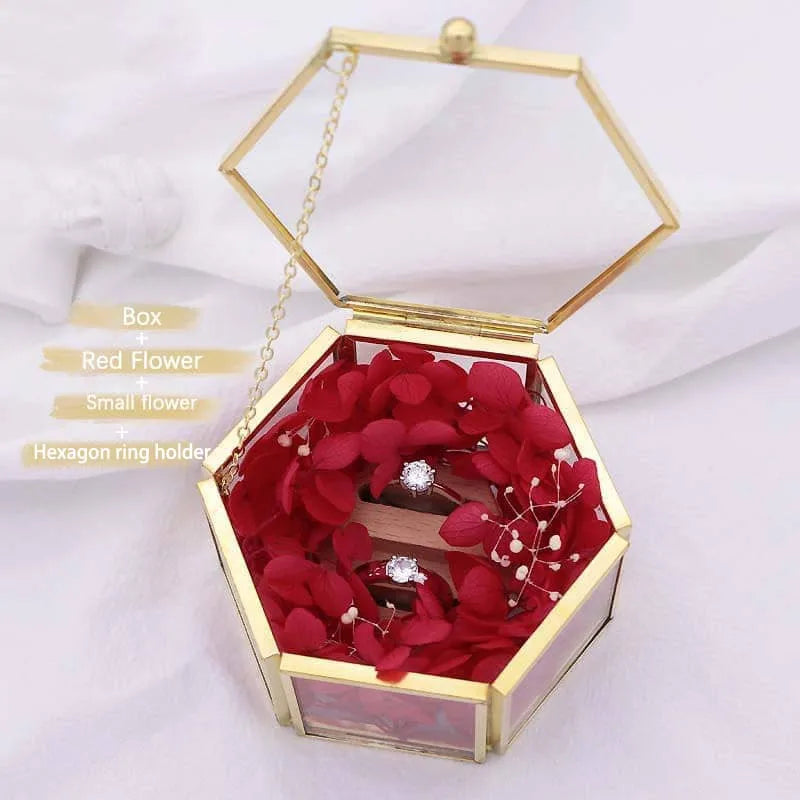 Custom Hexagonal Glass Ring Box Geometrical Clear Jewelry Storage Box Eternal Flower ring holder DIY Delicate Wedding Decoration