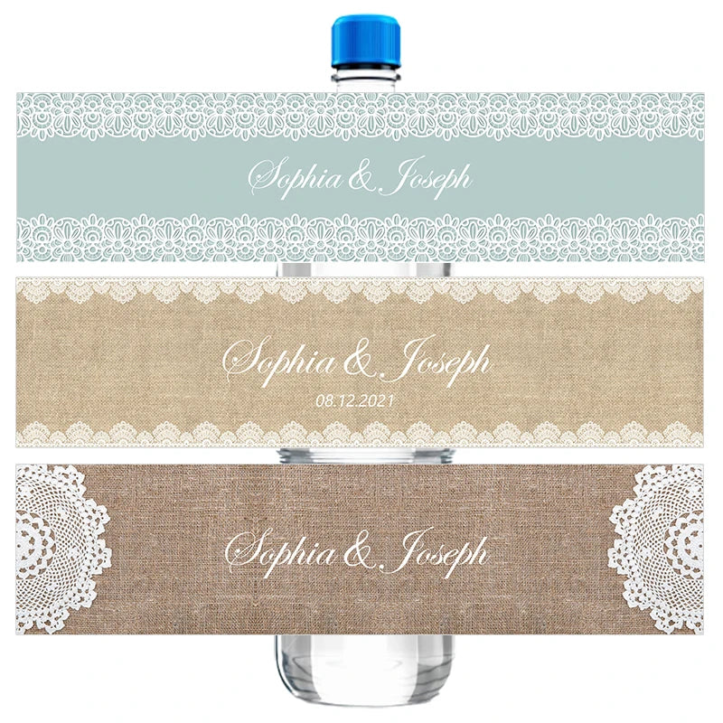 30pcs Custom Floral Wedding Water Bottle Stickers Labels Personalized Burlap and Fancy White Lace Frame Birthday Anniversary