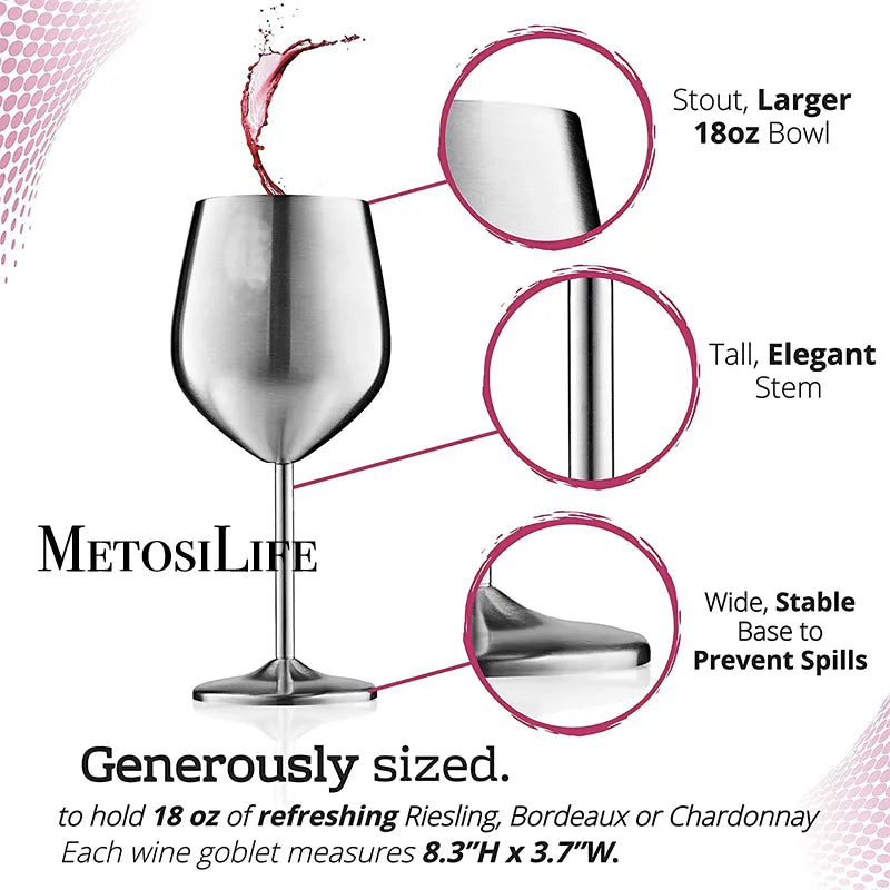 Stemmed Stainless Steel Wine Glasses 18 OZ Unbreakable Goblets Elegant Drinkware for Champagne and Cocktails