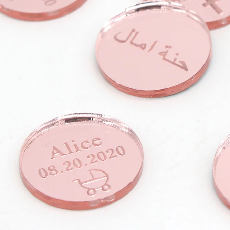 50*Personalized Engraved Gold/Silver Round Label With Hole Custom Name Country Wedding Baby Shower Baptism Party Candy Box Label