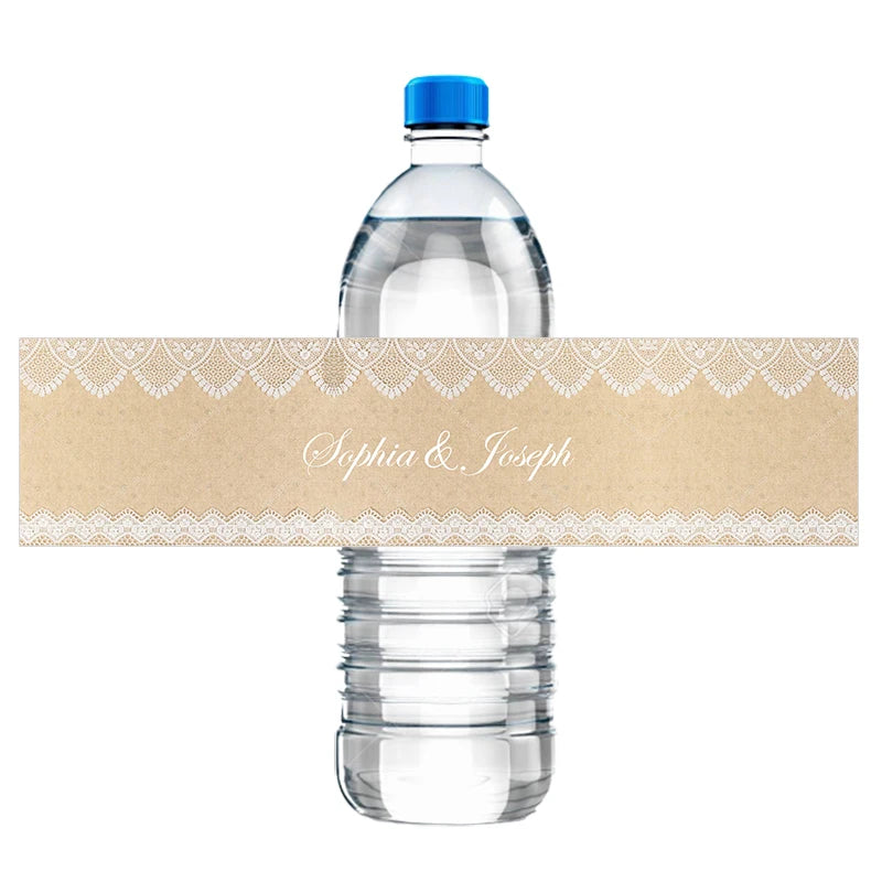 30pcs Custom Floral Wedding Water Bottle Stickers Labels Personalized Burlap and Fancy White Lace Frame Birthday Anniversary