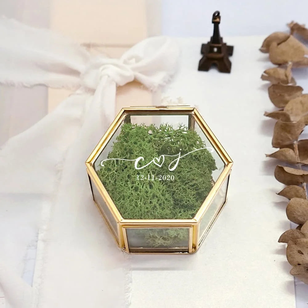 Custom Hexagonal Glass Ring Box Geometrical Clear Jewelry Storage Box Eternal Flower ring holder DIY Delicate Wedding Decoration