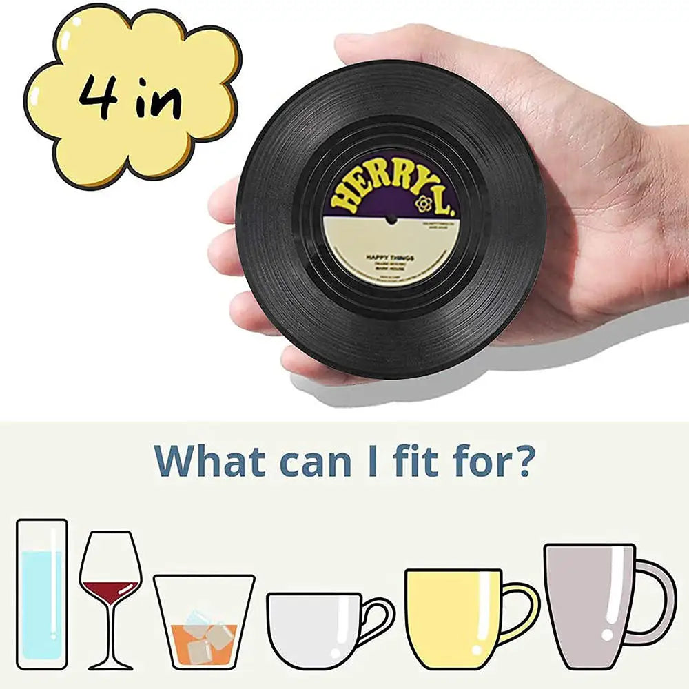 Set of 6 Vinyl Coasters for Drinks Music Coasters with Vinyl Record Player Holder Retro Record Disk Coaster Mug Pad Mat Creative