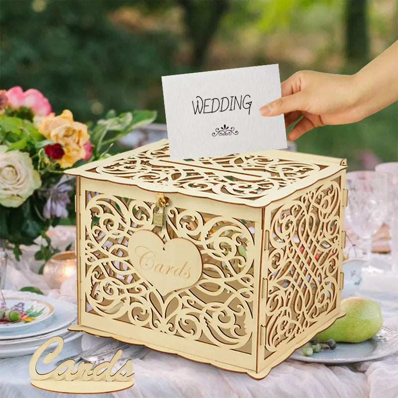 Wedding Wooden Gifts Card Boxes with Lock Hollow Mr & Mrs Flower Pattern Envelope Sign Card Wood Box DIY Rustic Wedding Supplies