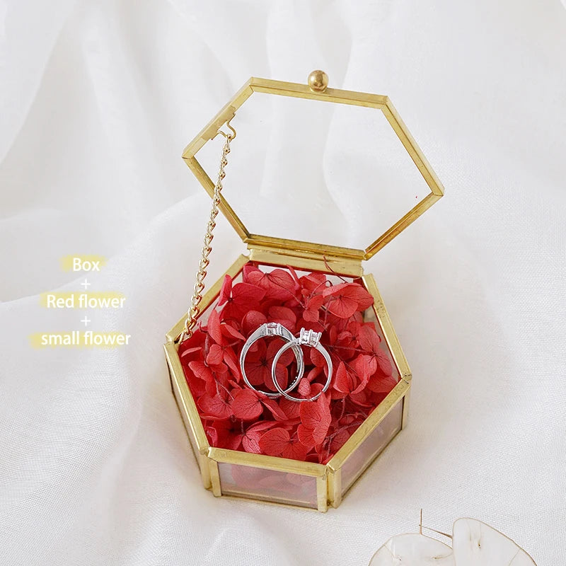 Custom Hexagonal Glass Ring Box Geometrical Clear Jewelry Storage Box Eternal Flower ring holder DIY Delicate Wedding Decoration