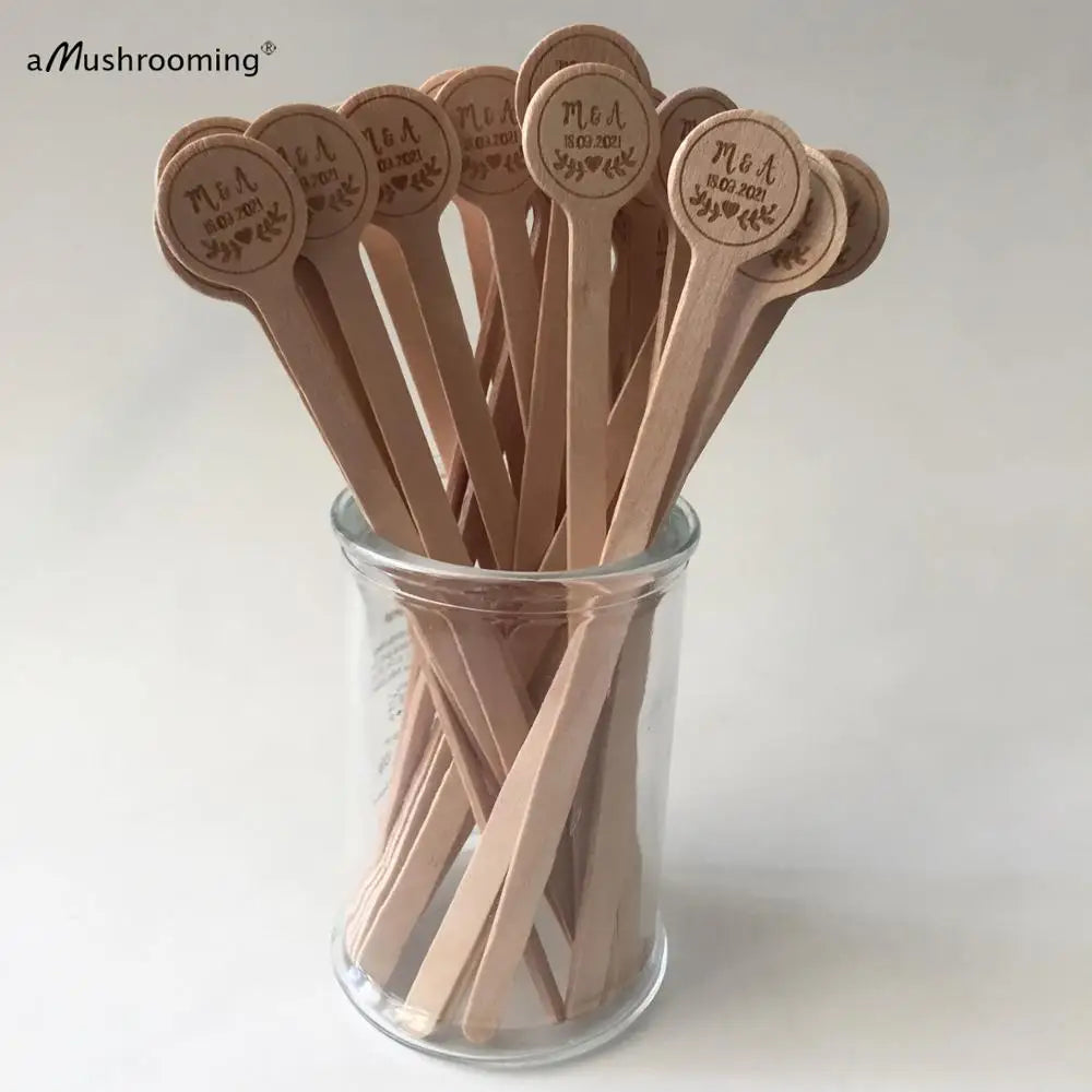 100pcs Wedding Cocktail Party Stir Sticks Custom Engraved COFFEE Stirrers with Initials Vintage Birchwood Sticks Drink Toppers