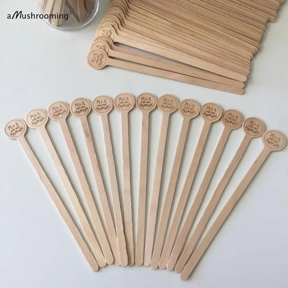 100pcs Wedding Cocktail Party Stir Sticks Custom Engraved COFFEE Stirrers with Initials Vintage Birchwood Sticks Drink Toppers