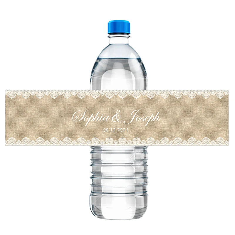 30pcs Custom Floral Wedding Water Bottle Stickers Labels Personalized Burlap and Fancy White Lace Frame Birthday Anniversary
