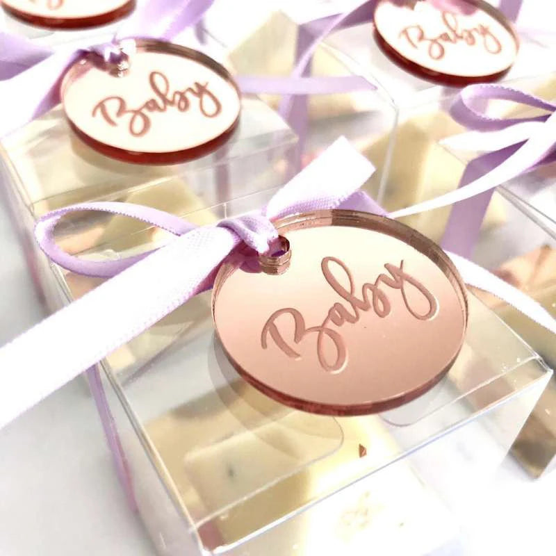 50*Personalized Engraved Gold/Silver Round Label With Hole Custom Name Country Wedding Baby Shower Baptism Party Candy Box Label