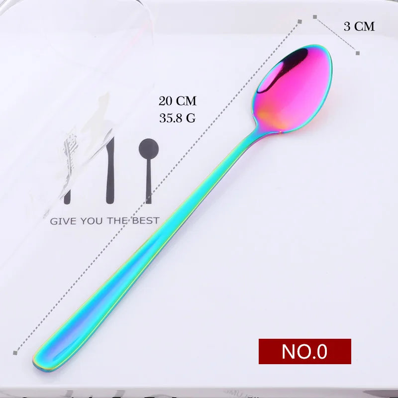 18/10 Stainless Steel Rainbow Ice Spoons With Long Handle Mirror Polished Mixing Stirring Drink Ice Cream Dessert Tea Spoon