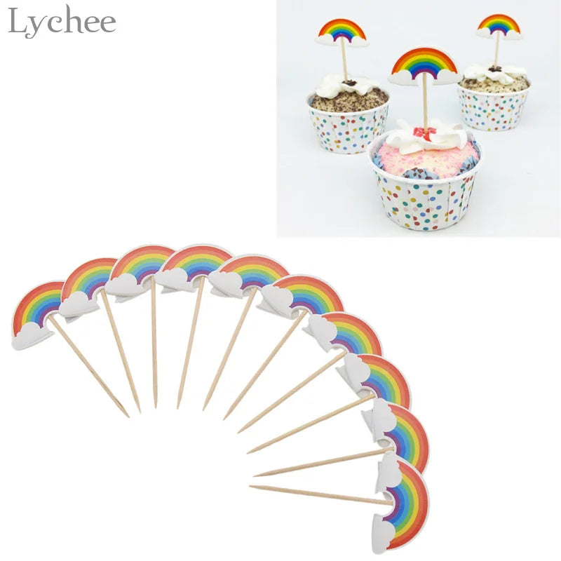 Lychee Life 24pcs Cartoon Rainbow Cupcake Toppers Kids Birthday Party Wedding Decorations Cake Flag Supplies