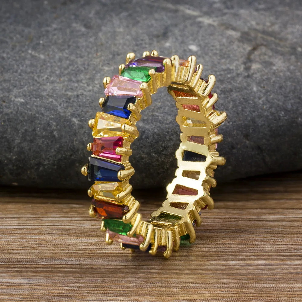 Nidin Hot Sale Thin Baguette Rainbow CZ Ring For Women Girls Fashion Engagement Wedding Band Top Quality Charm Finger Jewelry