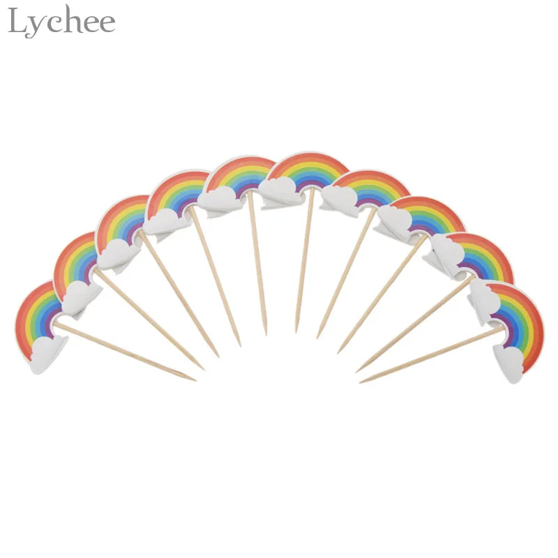 Lychee Life 24pcs Cartoon Rainbow Cupcake Toppers Kids Birthday Party Wedding Decorations Cake Flag Supplies