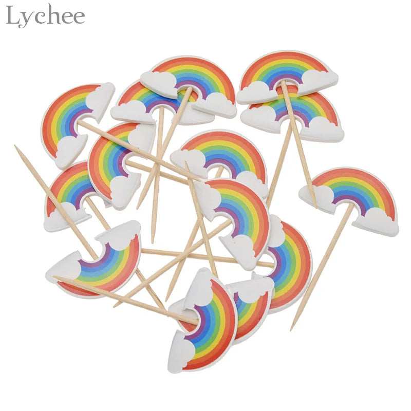 Lychee Life 24pcs Cartoon Rainbow Cupcake Toppers Kids Birthday Party Wedding Decorations Cake Flag Supplies