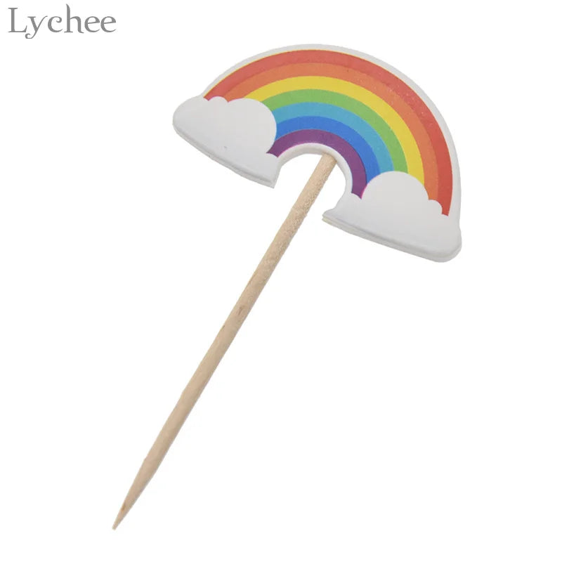 Lychee Life 24pcs Cartoon Rainbow Cupcake Toppers Kids Birthday Party Wedding Decorations Cake Flag Supplies