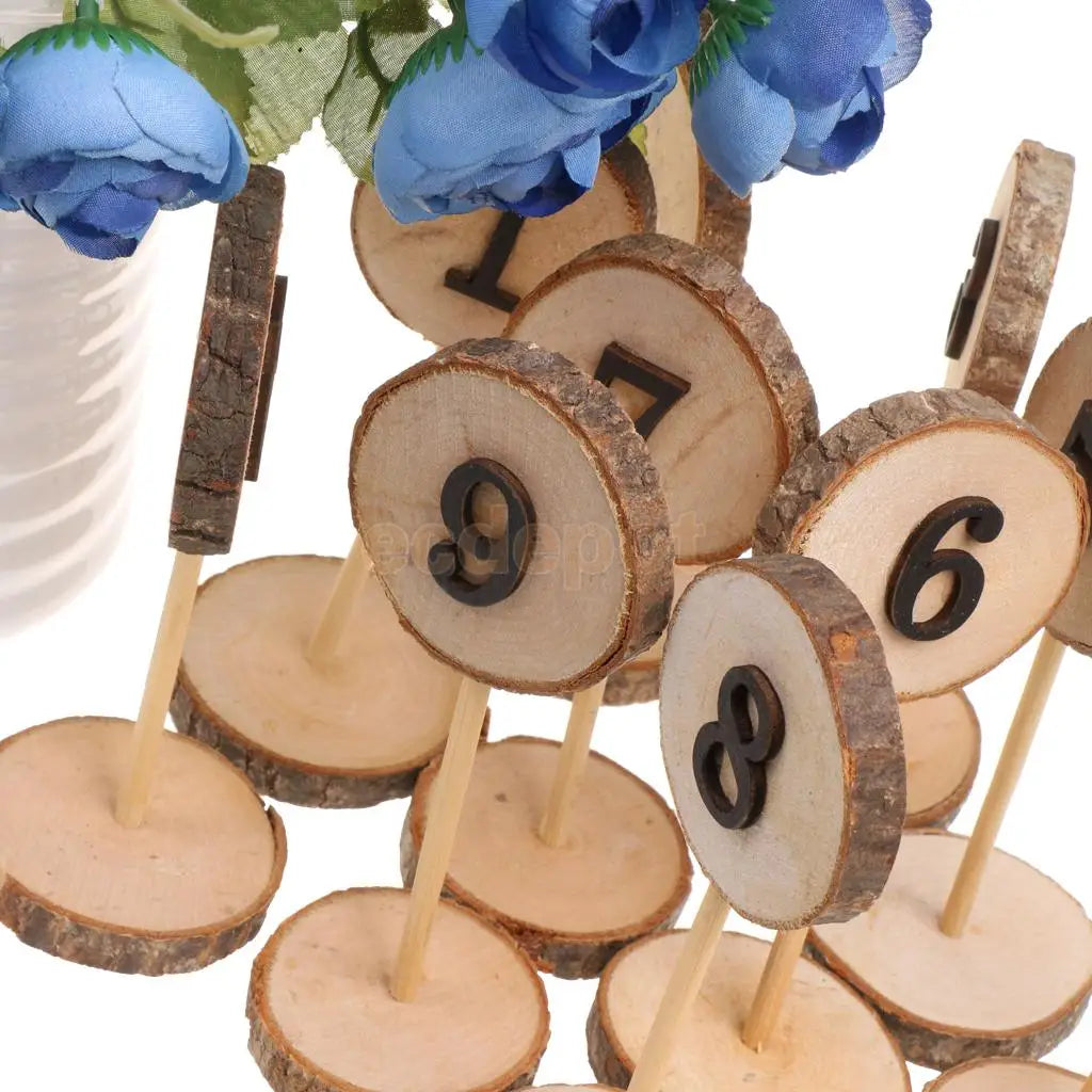 Rustic Wooden 1-10 Table Numbers Place Numbers Log Slices Stick Stand Wedding Birthday Party Baby Shower Decor