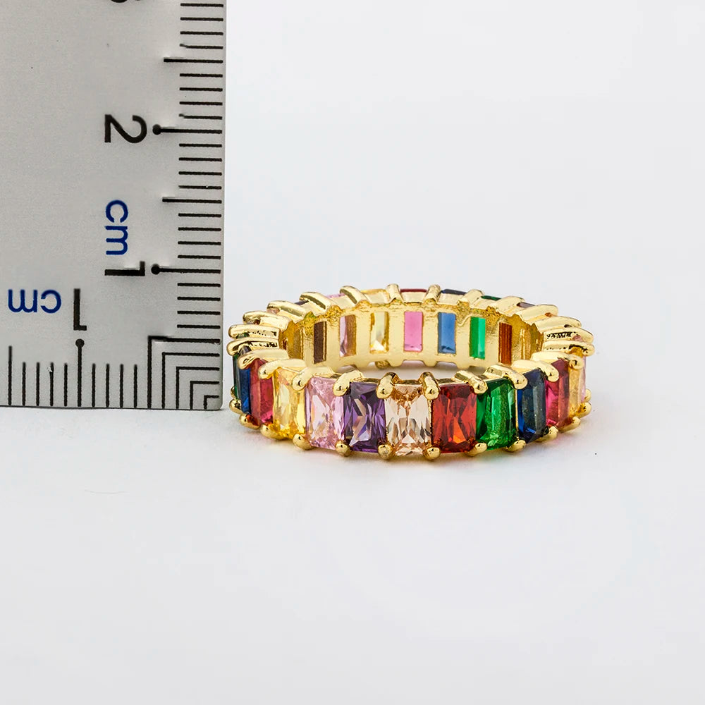 Nidin Hot Sale Thin Baguette Rainbow CZ Ring For Women Girls Fashion Engagement Wedding Band Top Quality Charm Finger Jewelry