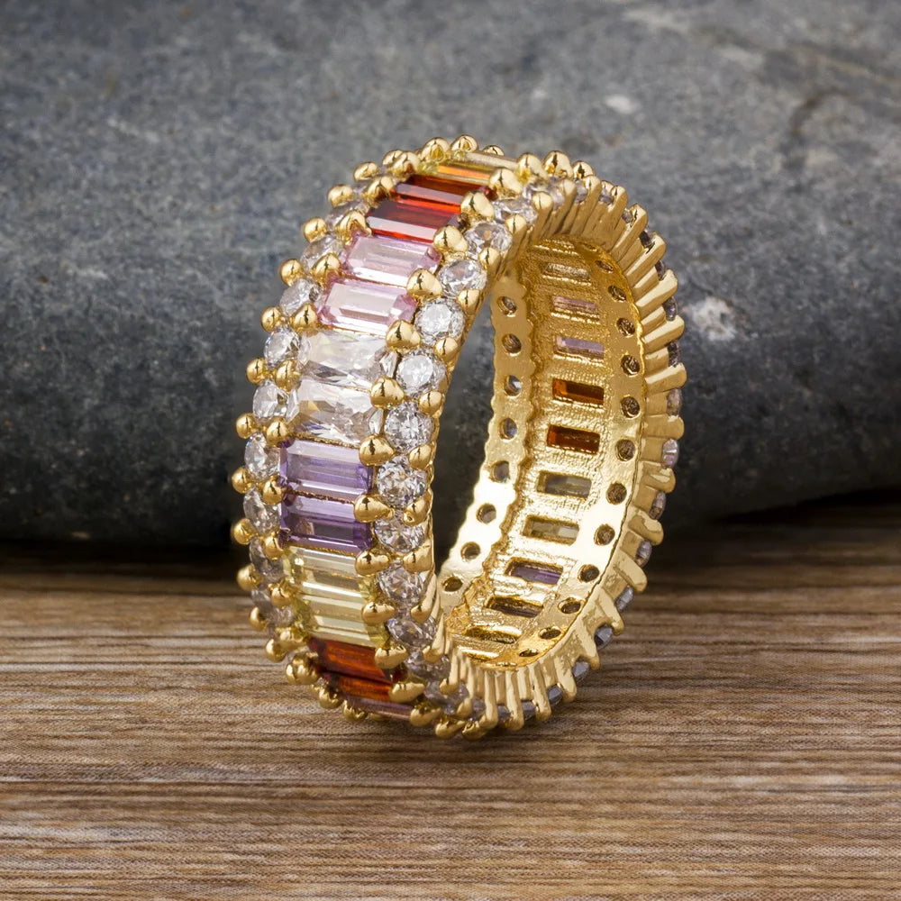 Nidin Hot Sale Thin Baguette Rainbow CZ Ring For Women Girls Fashion Engagement Wedding Band Top Quality Charm Finger Jewelry