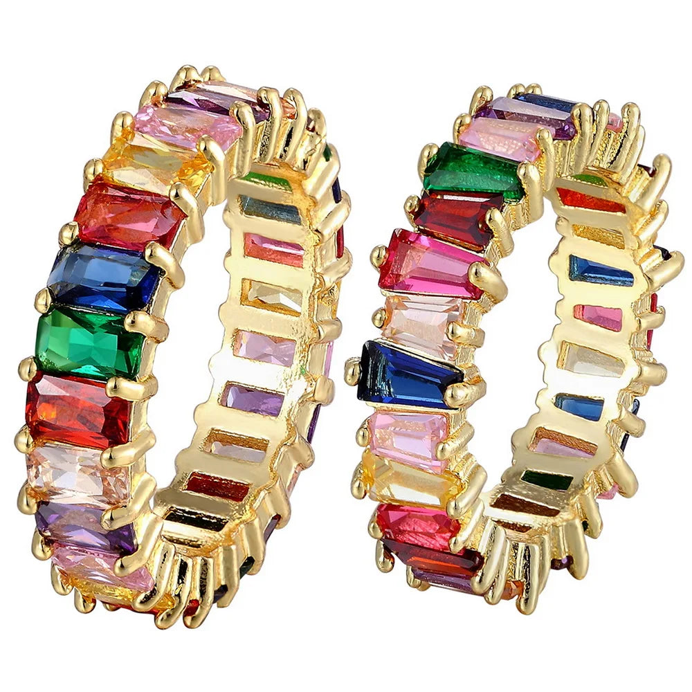 Nidin Hot Sale Thin Baguette Rainbow CZ Ring For Women Girls Fashion Engagement Wedding Band Top Quality Charm Finger Jewelry