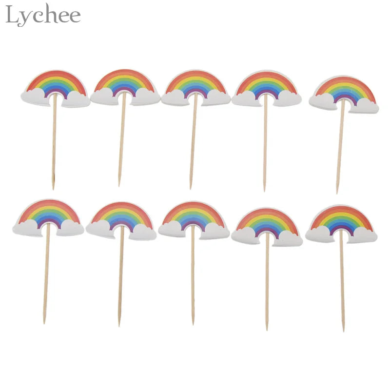 Lychee Life 24pcs Cartoon Rainbow Cupcake Toppers Kids Birthday Party Wedding Decorations Cake Flag Supplies