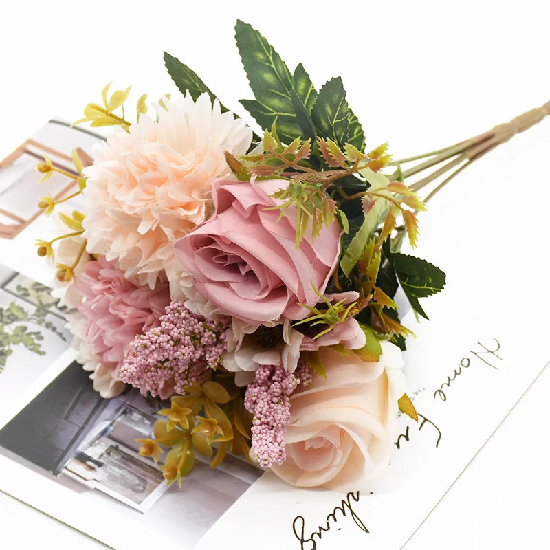 Artificial Flowers Bouquet European-Style Holding Exquisite Roses Wedding Christmas Decorations for Home DIY Vases Fake Plants