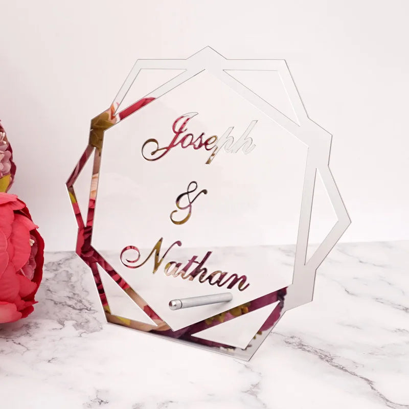 Hexagon Acrylic Table Standing Custom Wedding Name Personalized Mirror Frame Acrylic Word Sign Party Decor With Standing Nail