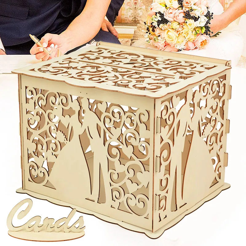 Wedding Wooden Gifts Card Boxes with Lock Hollow Mr & Mrs Flower Pattern Envelope Sign Card Wood Box DIY Rustic Wedding Supplies
