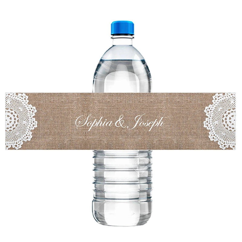 30pcs Custom Floral Wedding Water Bottle Stickers Labels Personalized Burlap and Fancy White Lace Frame Birthday Anniversary