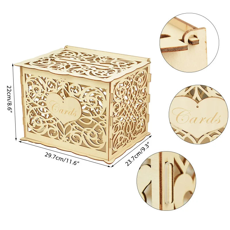 Wedding Wooden Gifts Card Boxes with Lock Hollow Mr & Mrs Flower Pattern Envelope Sign Card Wood Box DIY Rustic Wedding Supplies