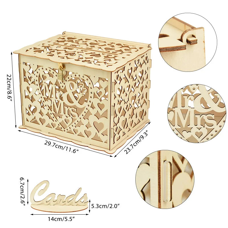 Wedding Wooden Gifts Card Boxes with Lock Hollow Mr & Mrs Flower Pattern Envelope Sign Card Wood Box DIY Rustic Wedding Supplies
